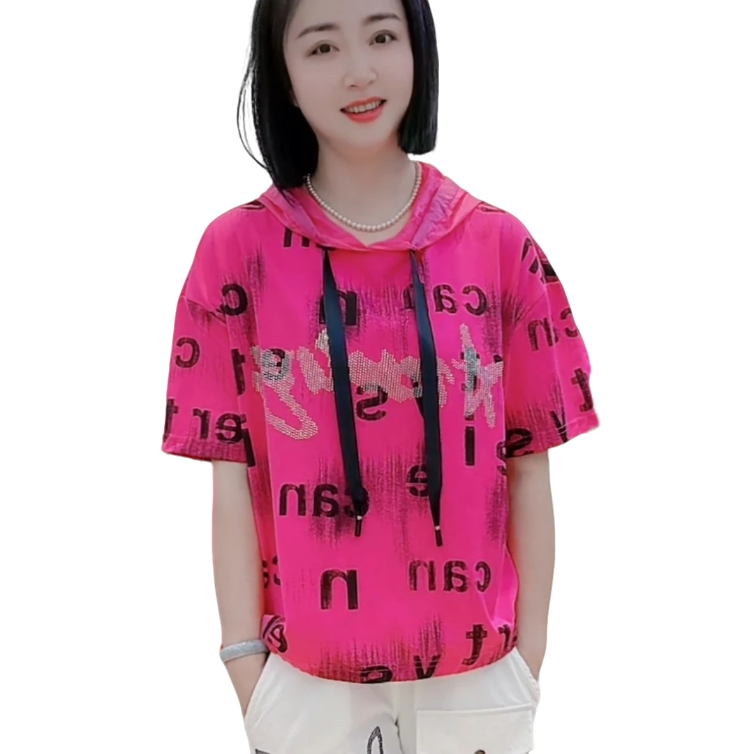 【洋玉服饰】欧韩潮牌夏季新品字母印花连帽短袖宽松减龄T恤上衣