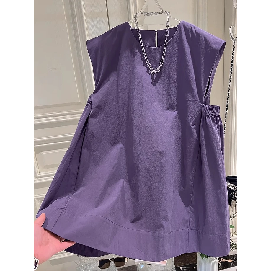 韩版纯色大码褶皱设计感无袖衬衫减龄娃娃衫小个子宽松背心上衣