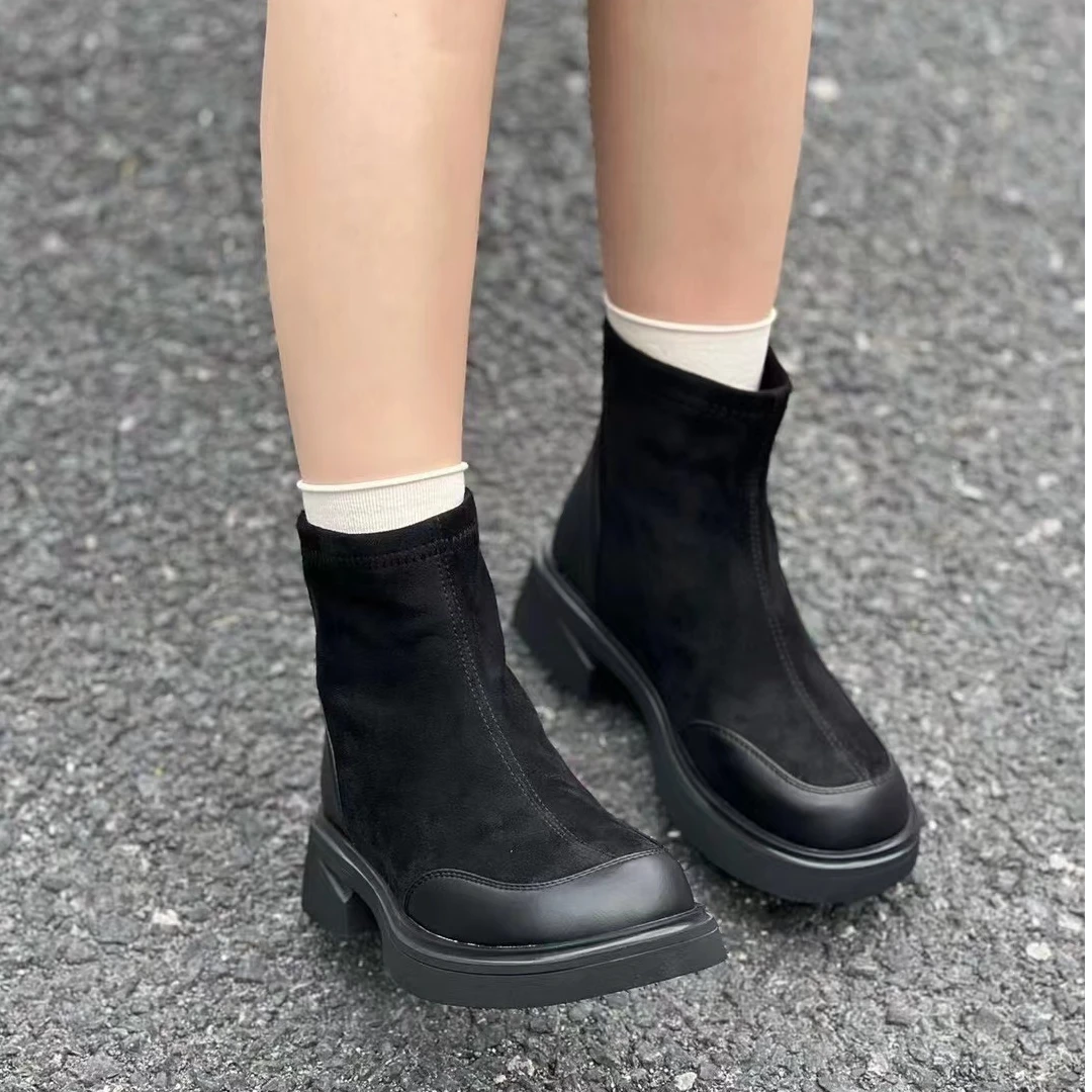 秋冬新款韩版通勤瘦瘦简约粗跟裸靴短靴16-136C(加绒)