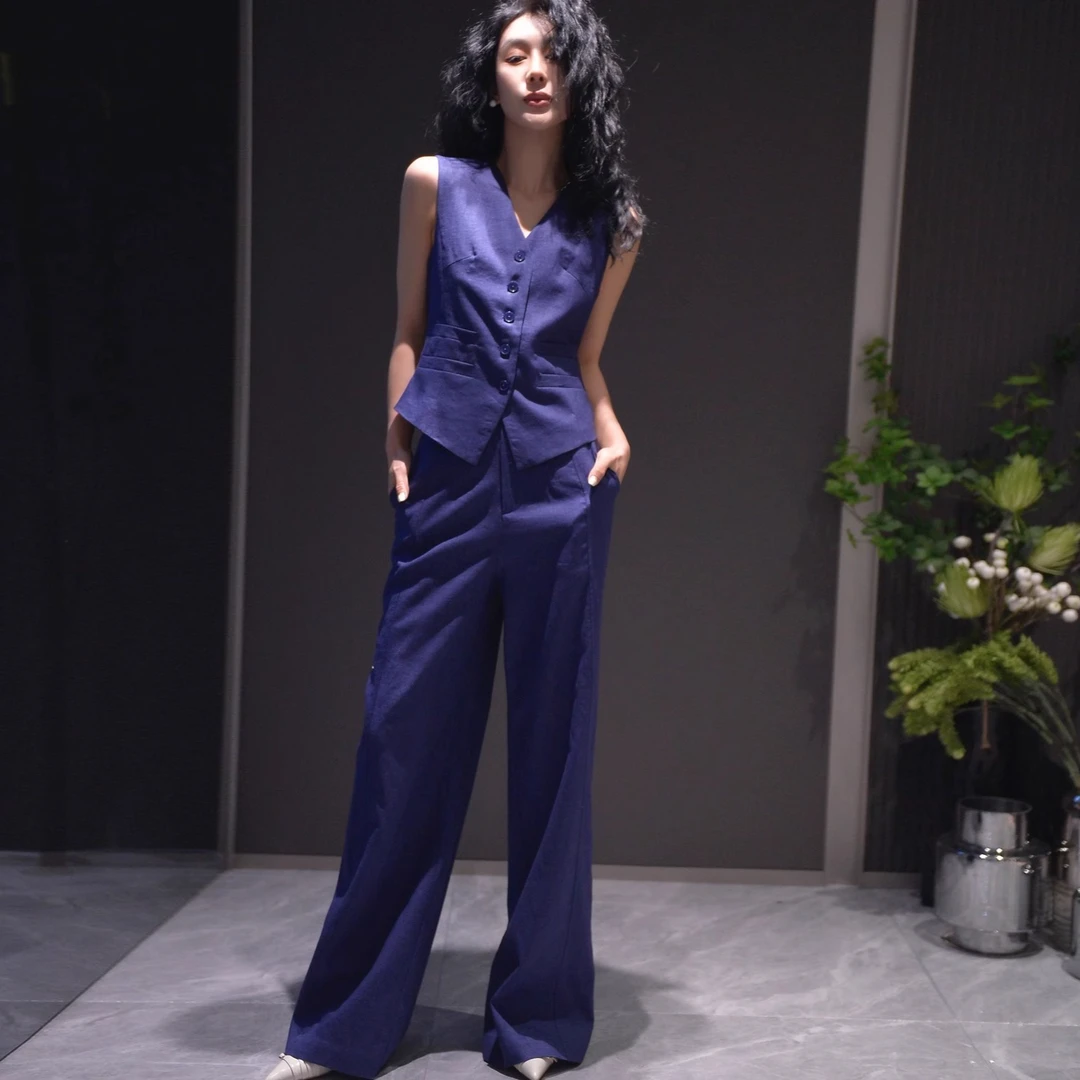 夏季2025年时尚小个子套装女棉麻通勤藏蓝色修身马甲阔腿裤两件套