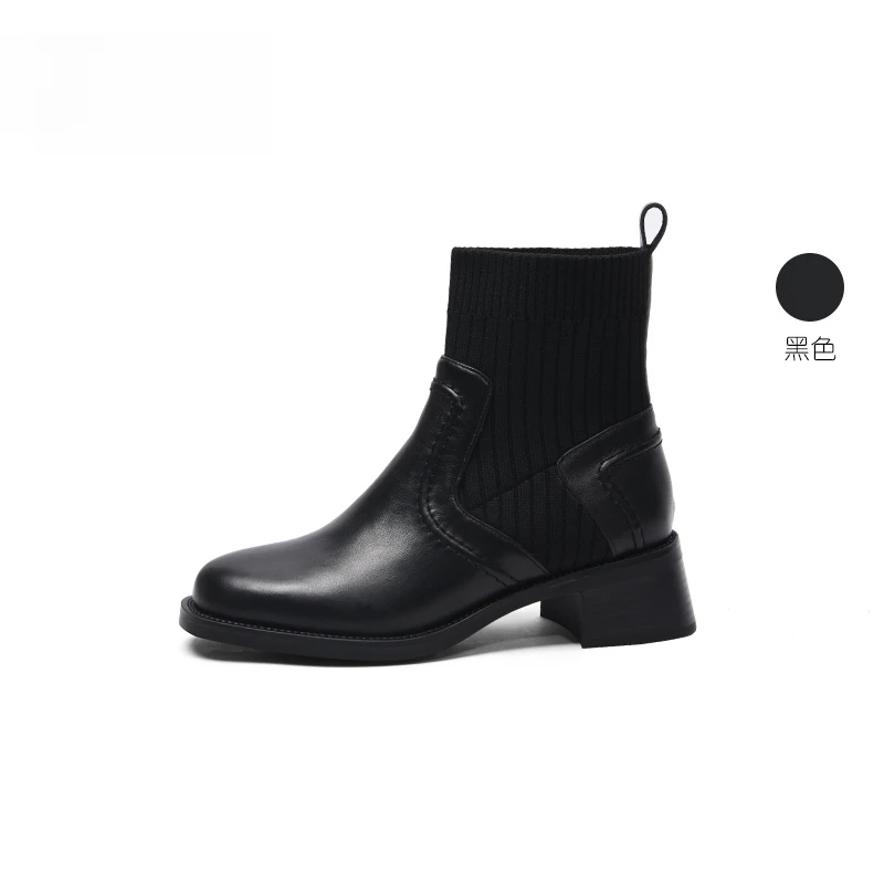 【卡美多】4.5cm软底软面黑色百搭时尚英伦风秋冬冬季圆头袜靴16533
