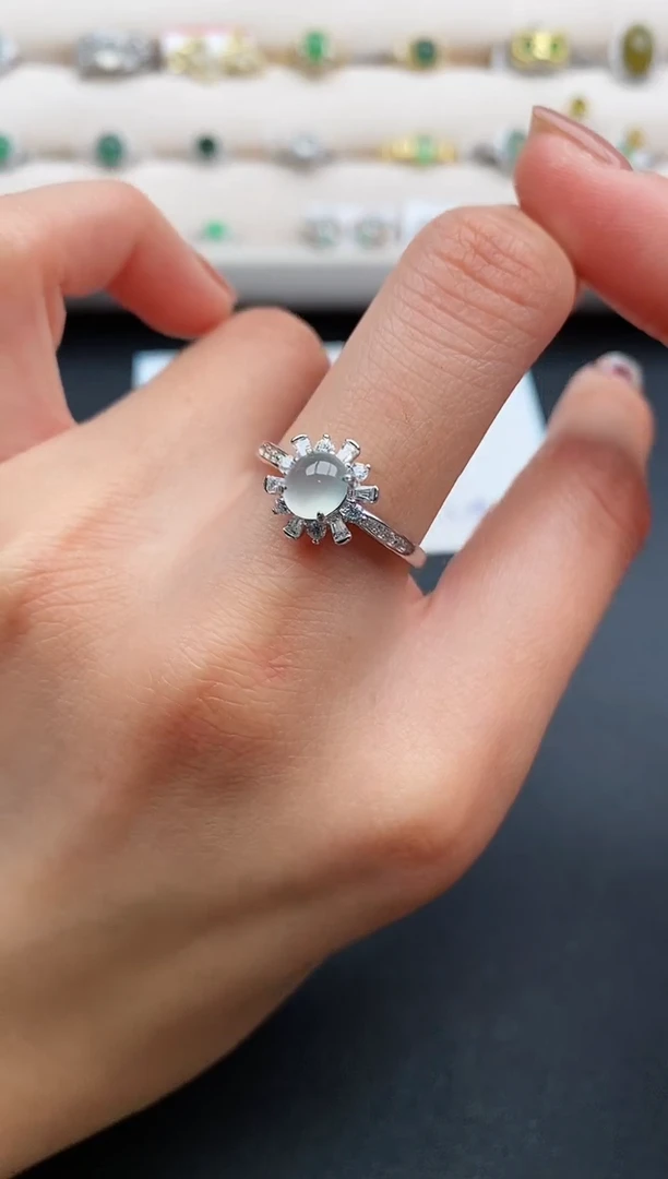 银S925镶嵌戒指翡翠缅甸天然A货翡翠222  7-8