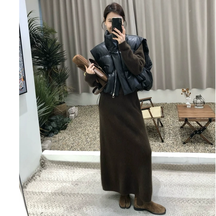 秋冬时尚宽松圆领毛衣慵懒风半身长裙套装女高级感气质纯色两件套