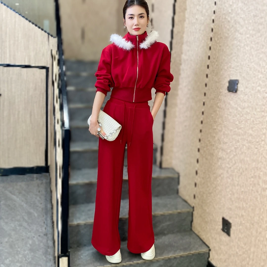 休闲运动套装显瘦修身冬季礼服连帽女士连体网红秋冬运动加厚款