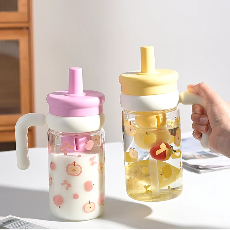 冰霸杯粉色黄色吸管水杯茶水分离玻璃杯大容量耐高温便携带把手杯