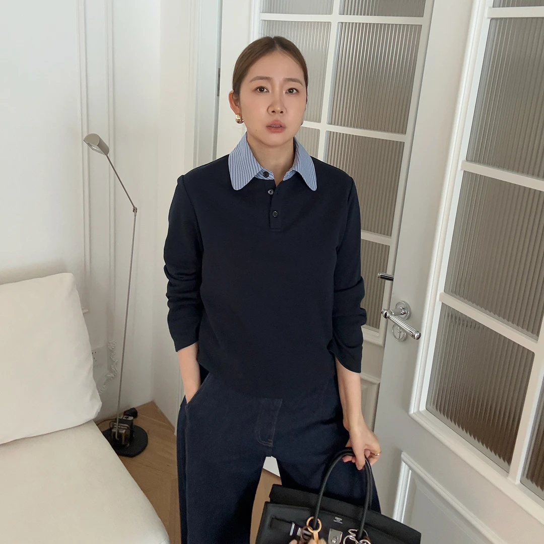 widelia陈姬儿秋季韩系藏蓝色POLO衬衫领假两件长袖T恤上衣8109