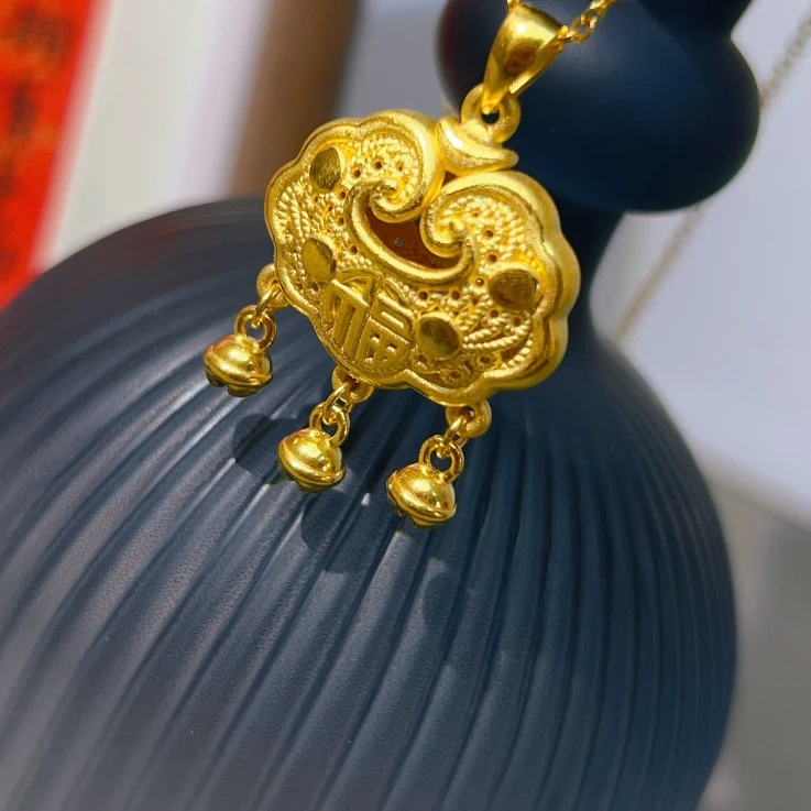 足金福锁吊坠3D黄金祥云锁吊坠带铃铛----免费编绳