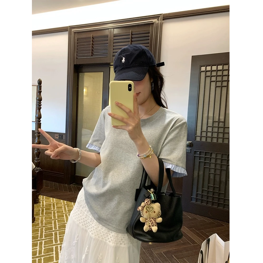 小众别致木耳边拼接短袖T恤女夏季新款学院风甜美减龄圆领短上衣