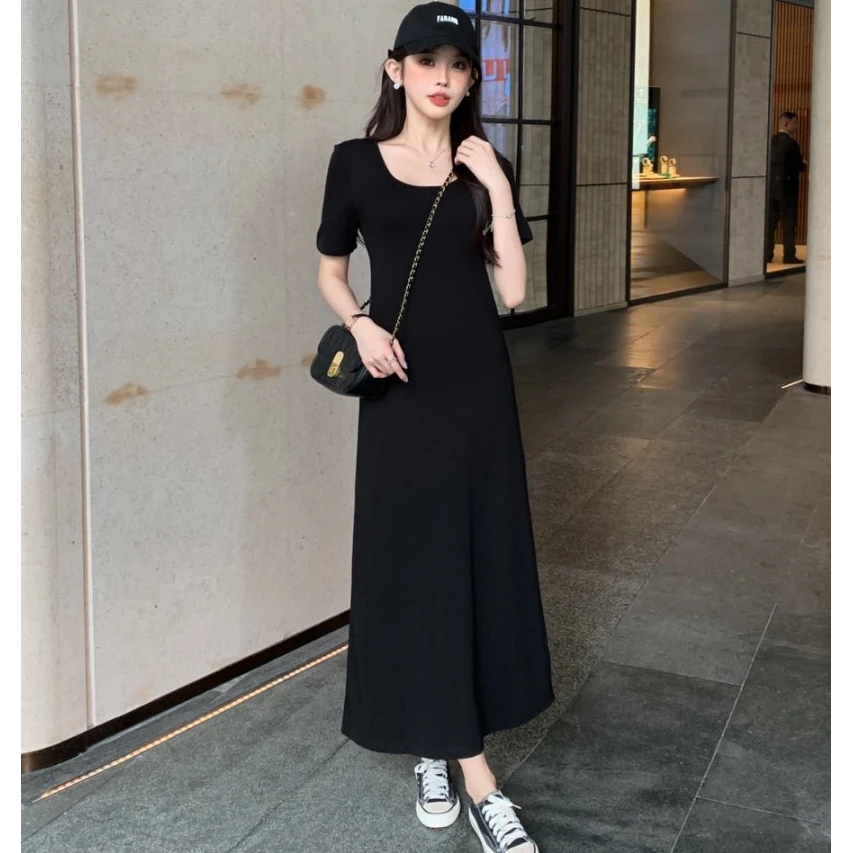 温婉大方衣服时尚宽松休闲慵懒风显瘦长款a字小黑裙外出洋气裙子