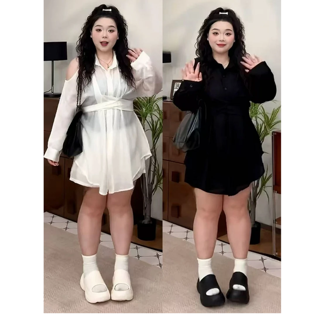 大码微胖mm韩版露肩防晒衬衫中长遮肉收腰短裤系绳两件套装时尚夏