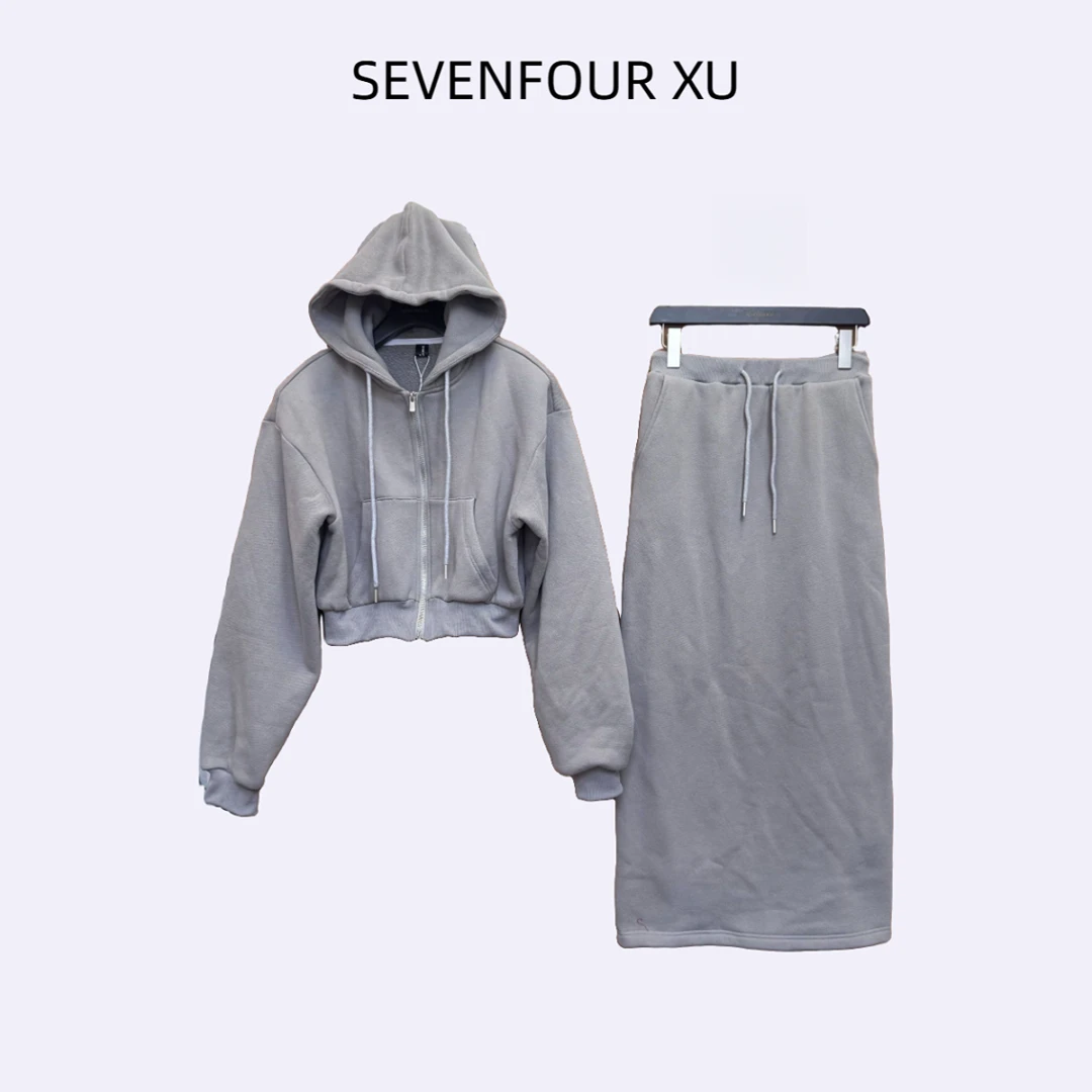 【华丽轻舞】吉吉新款加绒连帽卫衣显瘦松紧腰开叉半身裙套装#3173