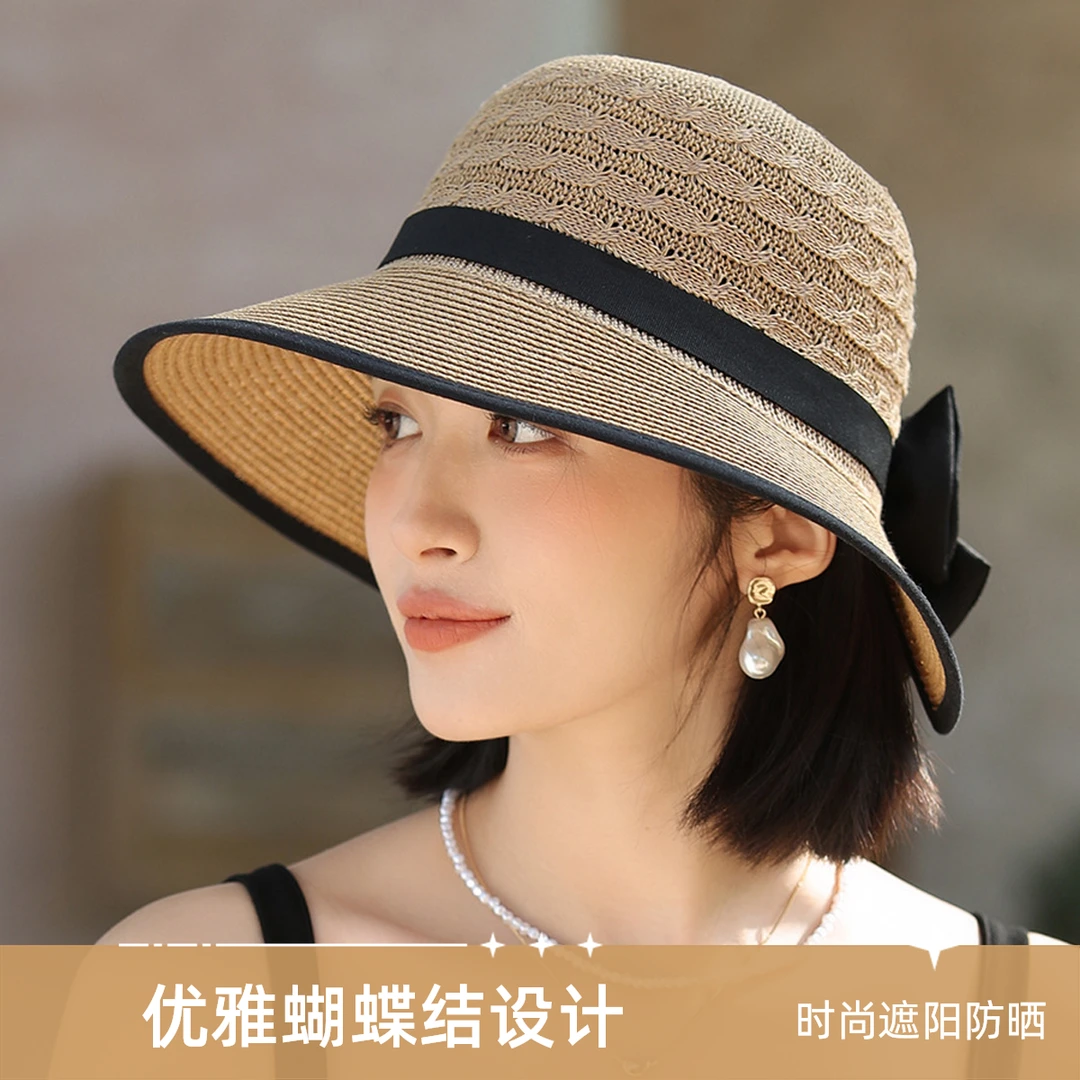 日系优雅遮阳草帽织带蝴蝶结渔夫帽子夏季时尚百搭度假大檐防晒帽