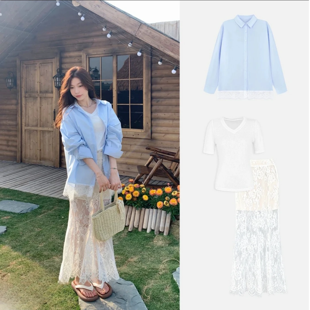2025夏季（冰河世纪）蕾丝衬衫+显瘦洋气高腰长款蕾丝设计感半身裙