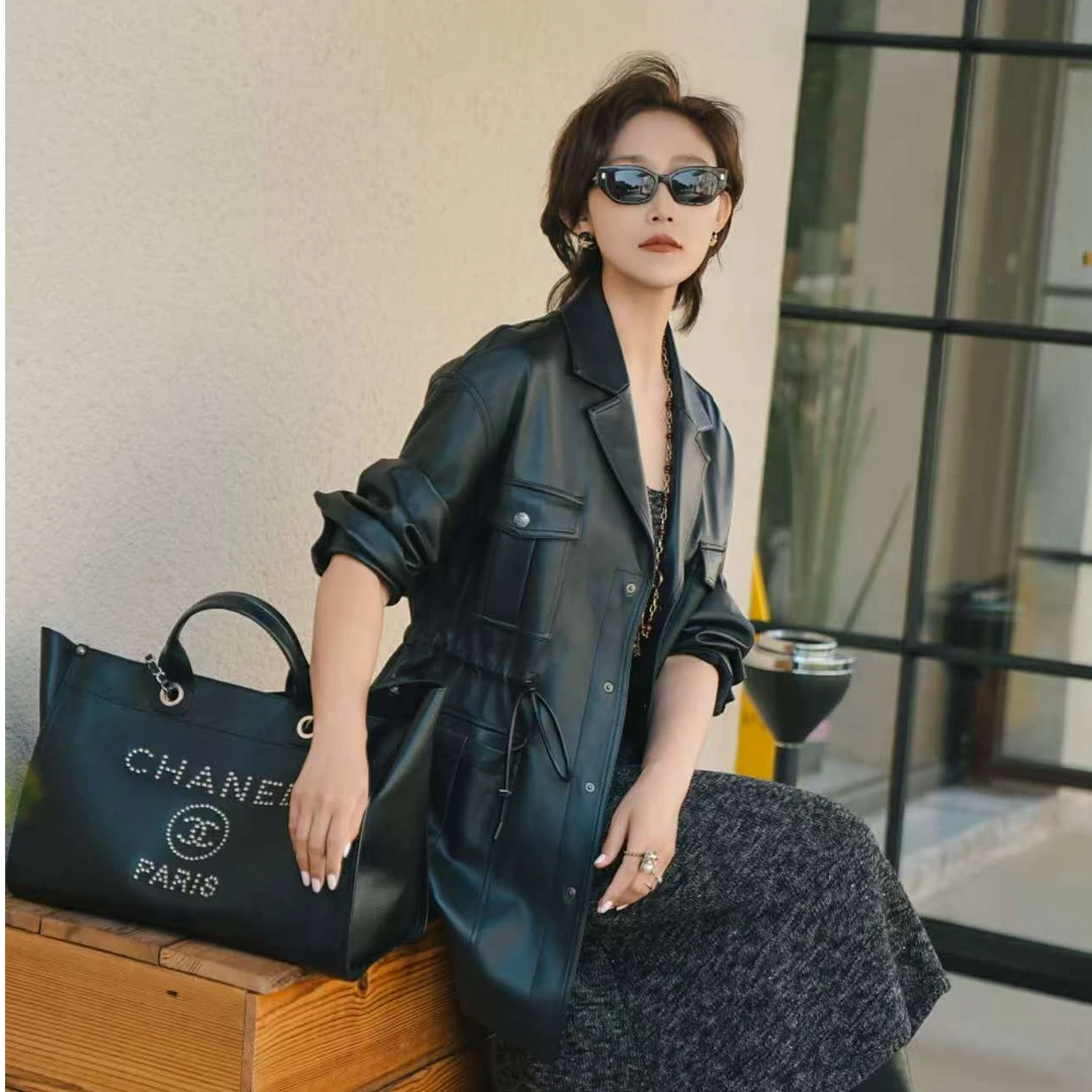 limil/丽米儿极薄无内衬皮质中长款复古猎装女9400121