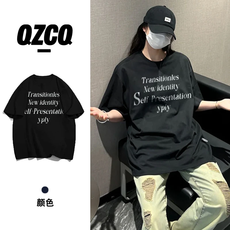 QZCQ字母复古休闲百搭宽松百搭夏季短袖T恤慵懒潮上衣圆领ins印花