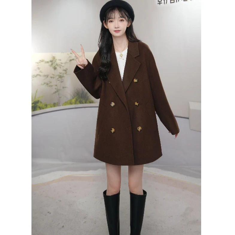 HSTYLE/韩都衣舍双面羊毛大衣女短款双排扣极简风宽松通勤