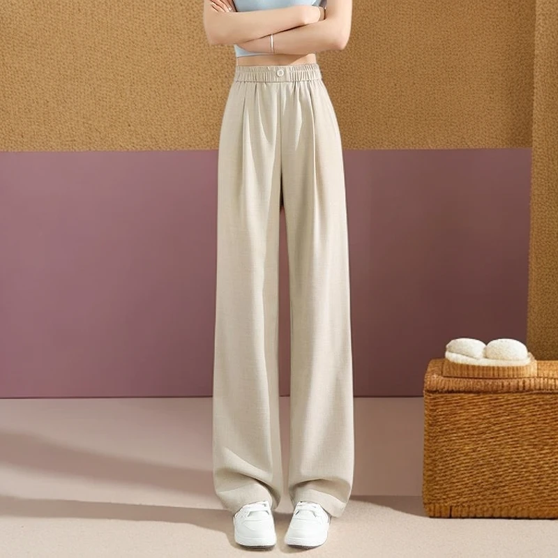 简约通勤休闲亚麻裤女秋季薄款小个子麻阔腿裤窄版直筒显瘦山本裤