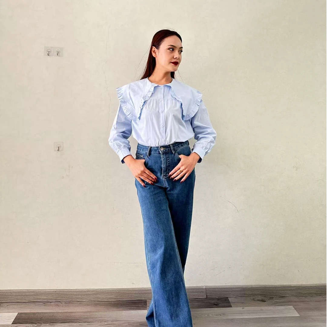 3D吸汗长袖娃娃领显瘦荷叶领衬衫气质牛仔高腰设计感蓝色小众