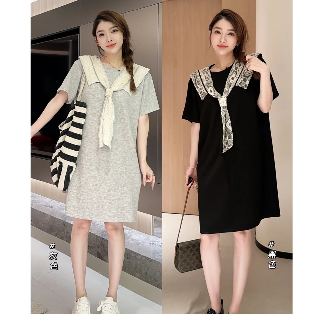 新款海军领蕾丝披肩连衣裙气质时尚夏季宽松连衣裙