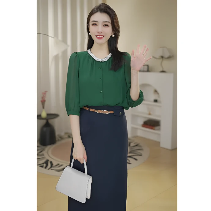 【精选】8592414祖母绿轻奢时尚休闲女士设计感法式衬衣中袖曼贝