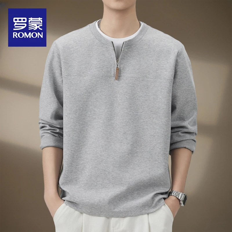罗蒙假两件长袖卫衣男士2025新款秋季休闲潮流百搭半拉链t恤男款