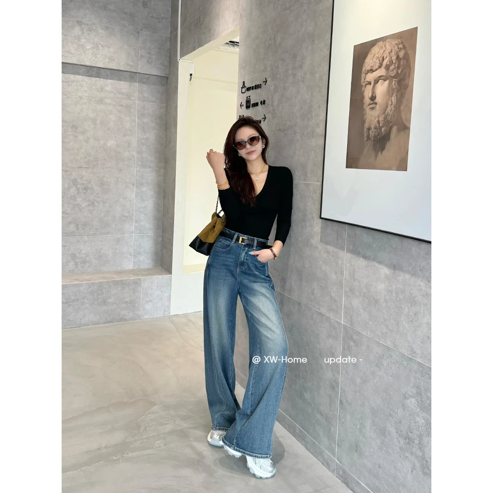怀旧蓝牛仔裤女高腰阔腿裤宽松复古显瘦弯刀裤子89227