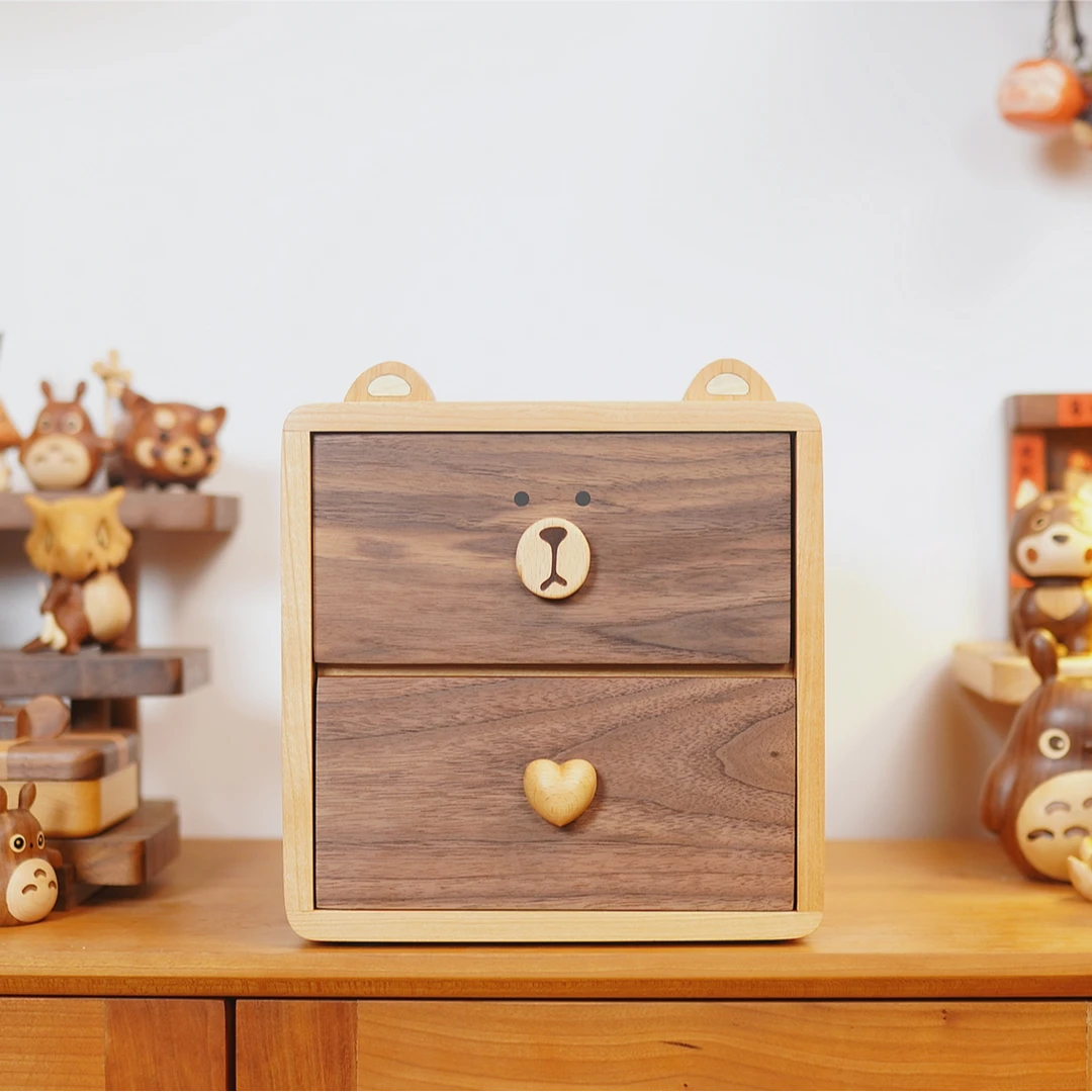 由物喜/小熊双层抽屉实木复古
