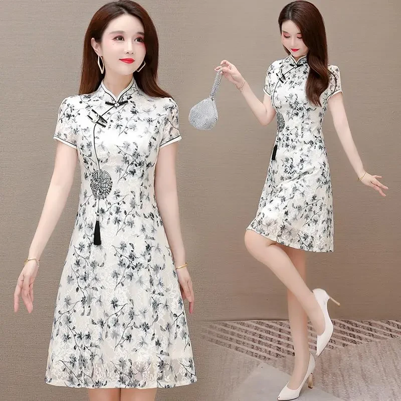 新中式旗袍改良连衣裙女夏季新款修身遮肚收腰显瘦短袖蕾丝a字裙