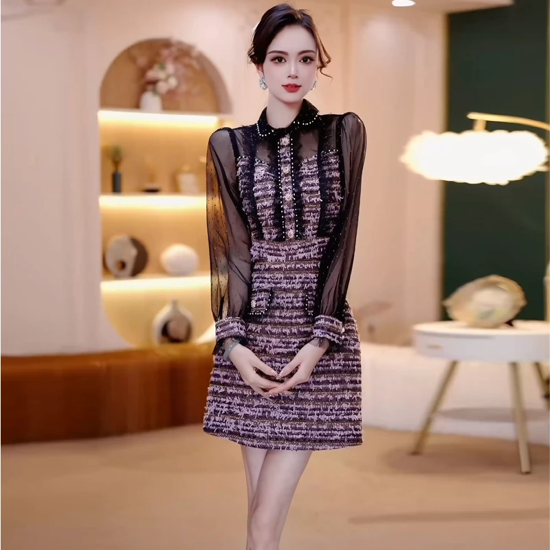 秋冬新款时尚气质名媛修身显瘦洋气网纱长袖小香风内搭连衣裙1761