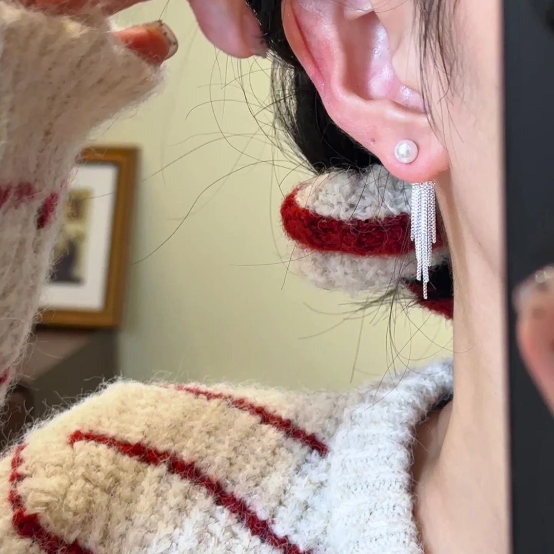 H644 两戴流苏珍珠耳环小众设计感百搭时尚