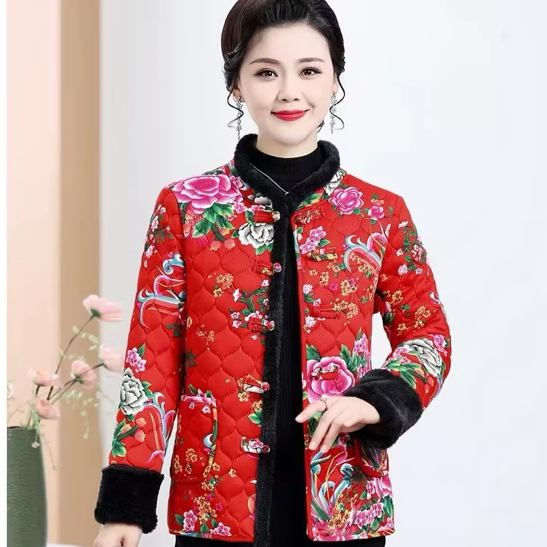 （牡丹花开）新中式妈妈装棉服时尚百搭气质款遮肉显瘦