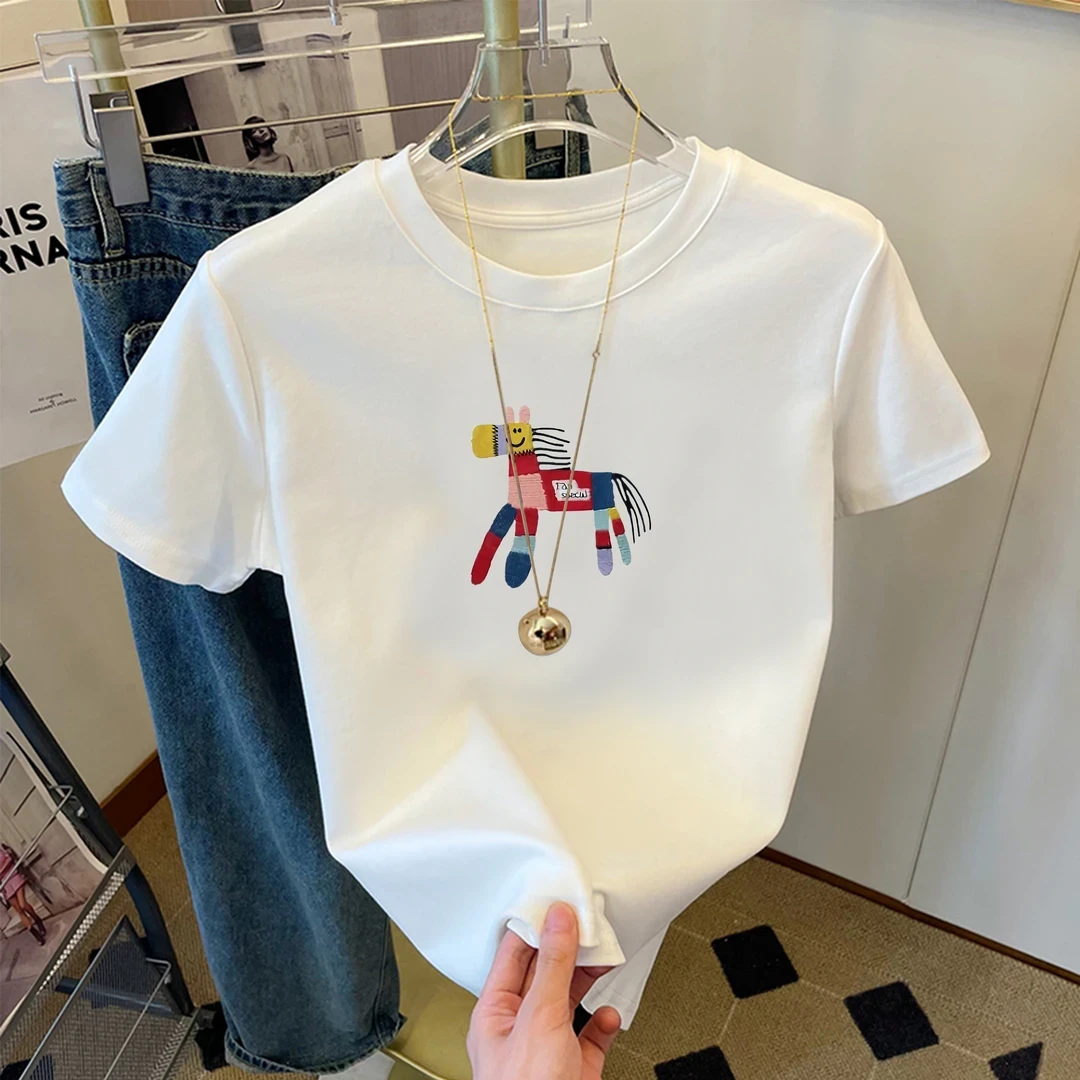彩色小马印花短袖t恤女2025夏季新款时尚百搭潮流设计感别致上衣