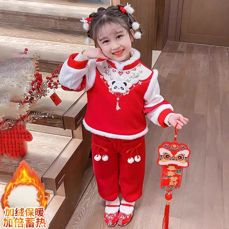 【白色微染红介意勿拍】小孩女童大熊猫过年服套装可爱中国风拜年服