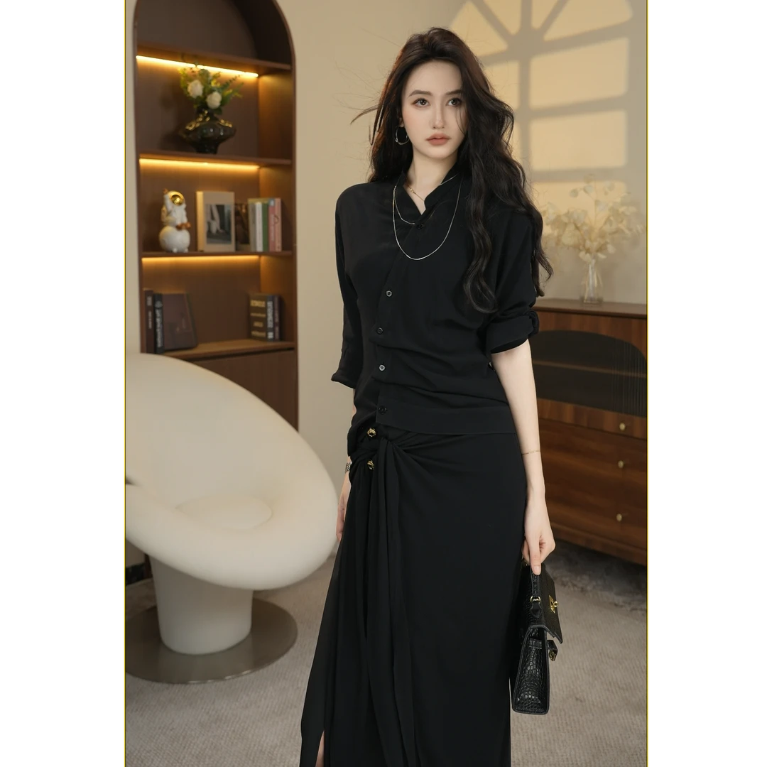 【JiaYi】浪漫马黛夏季新款高级感小众时尚黑色套装-RL0484+RL0485