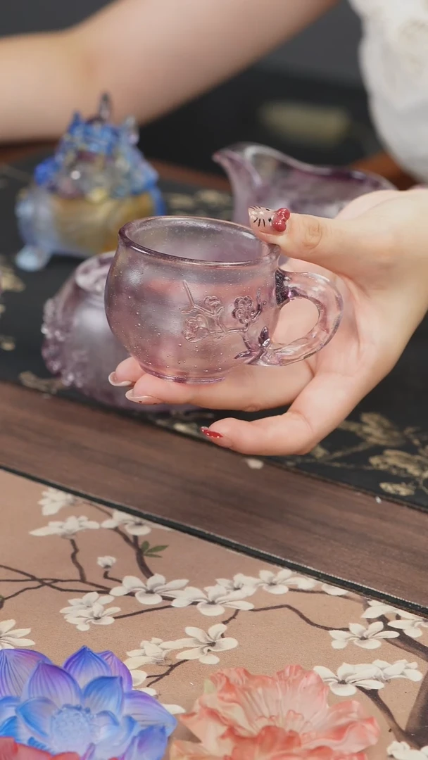 手工艺品琉璃紫色梅花侧把主人杯
