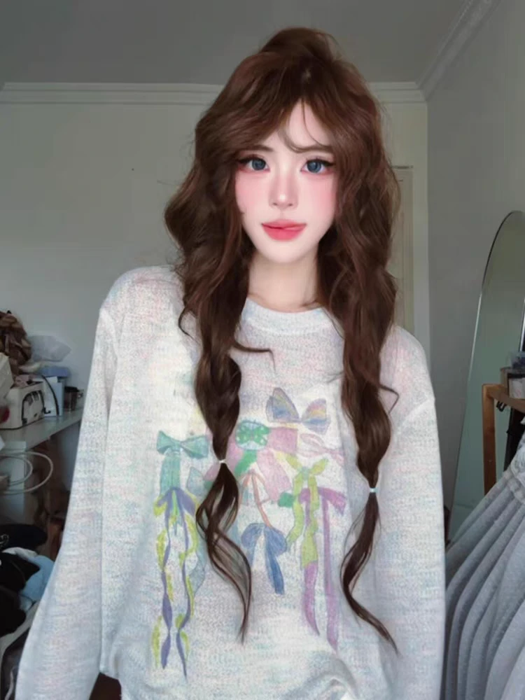 彩纱紫色蝴蝶结防晒罩衫长袖T恤女夏季宽松微透薄款松弛感上衣潮