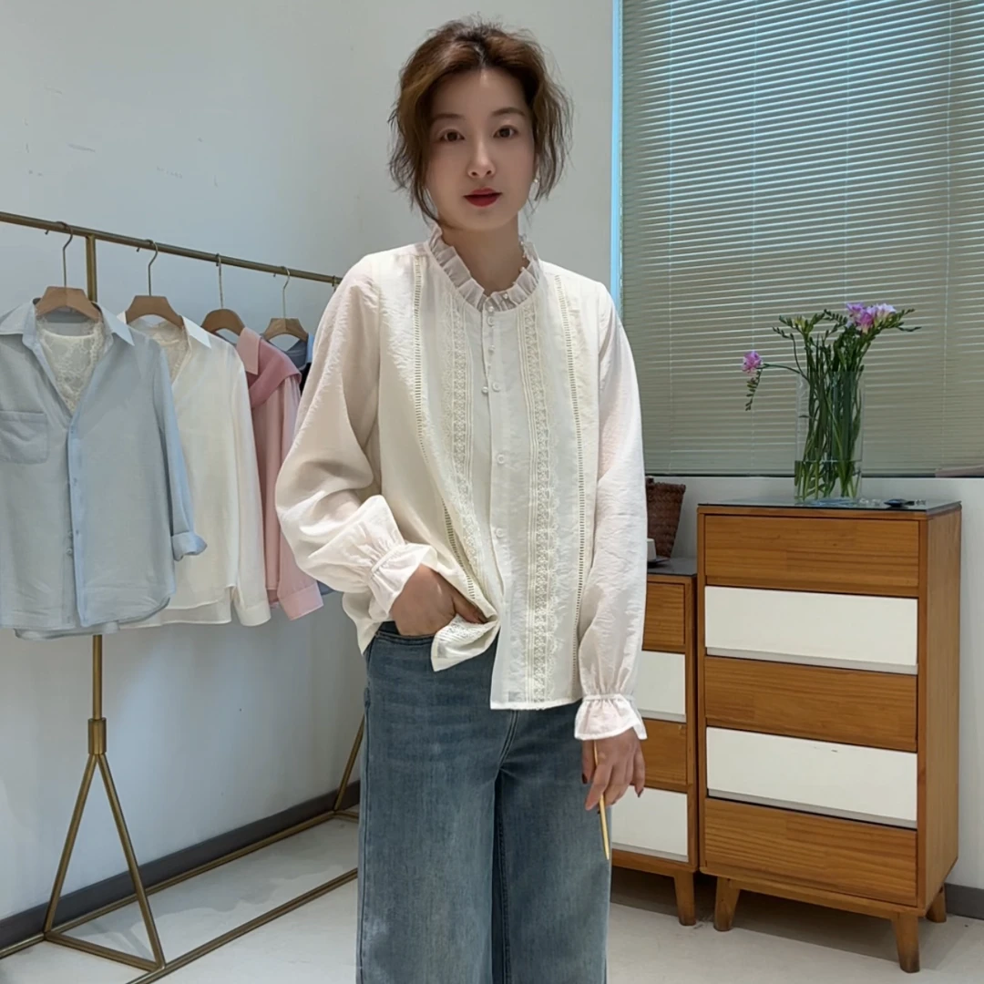 【菜菜家】莱赛尔气质百搭花边领设计感长袖衬衫气质上衣女春