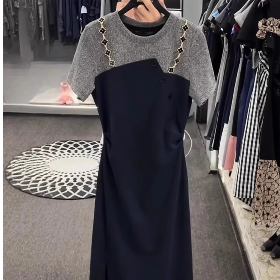 拼接假两件连衣裙女夏季小个子收腰显瘦开叉T恤裙设计感过膝裙子