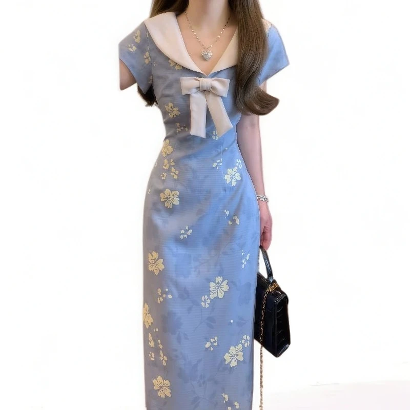 新中式国风蓝色娃娃领短袖连衣裙温柔气质超好看收腰修身包臀裙夏