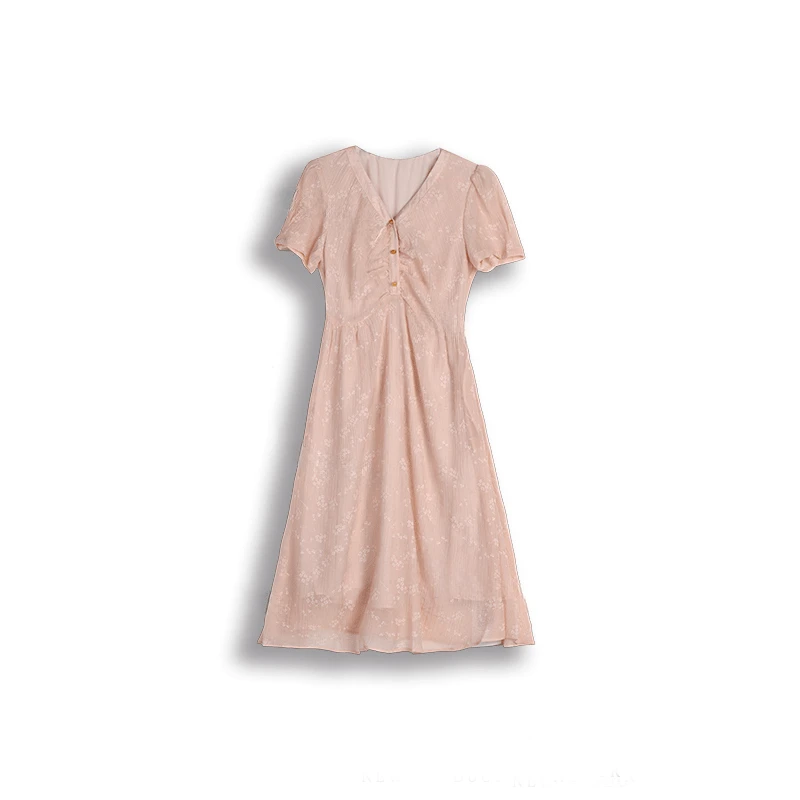 【李不了】2025夏女新法式粉色印花收腰连衣裙TY6816