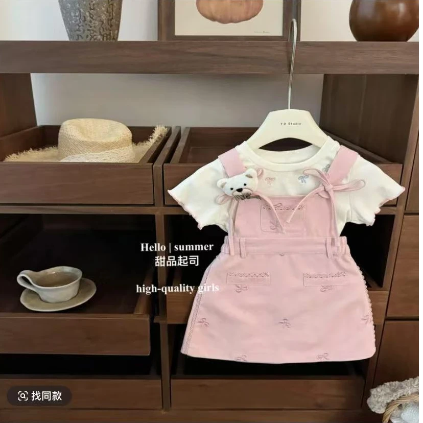 女童2025夏季背带裙套装儿童甜酷显白粉色蝴蝶结背带裙+T恤两件套