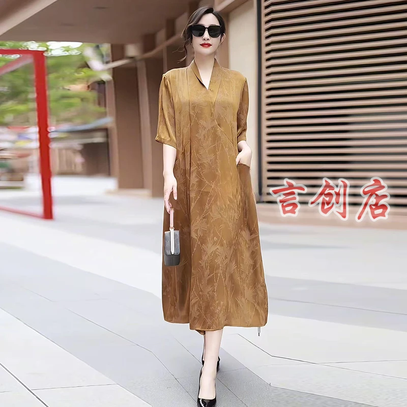 70169高品质高档气质妈妈连衣裙夏季新款宽松大码中年50岁真丝裙