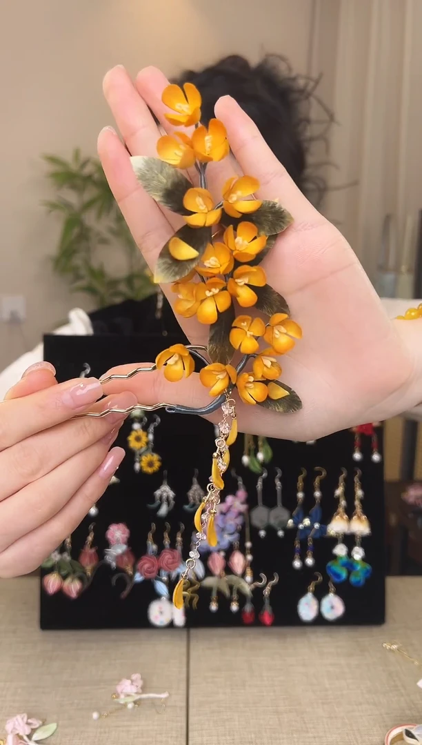 刺绣桂花绒花发钗