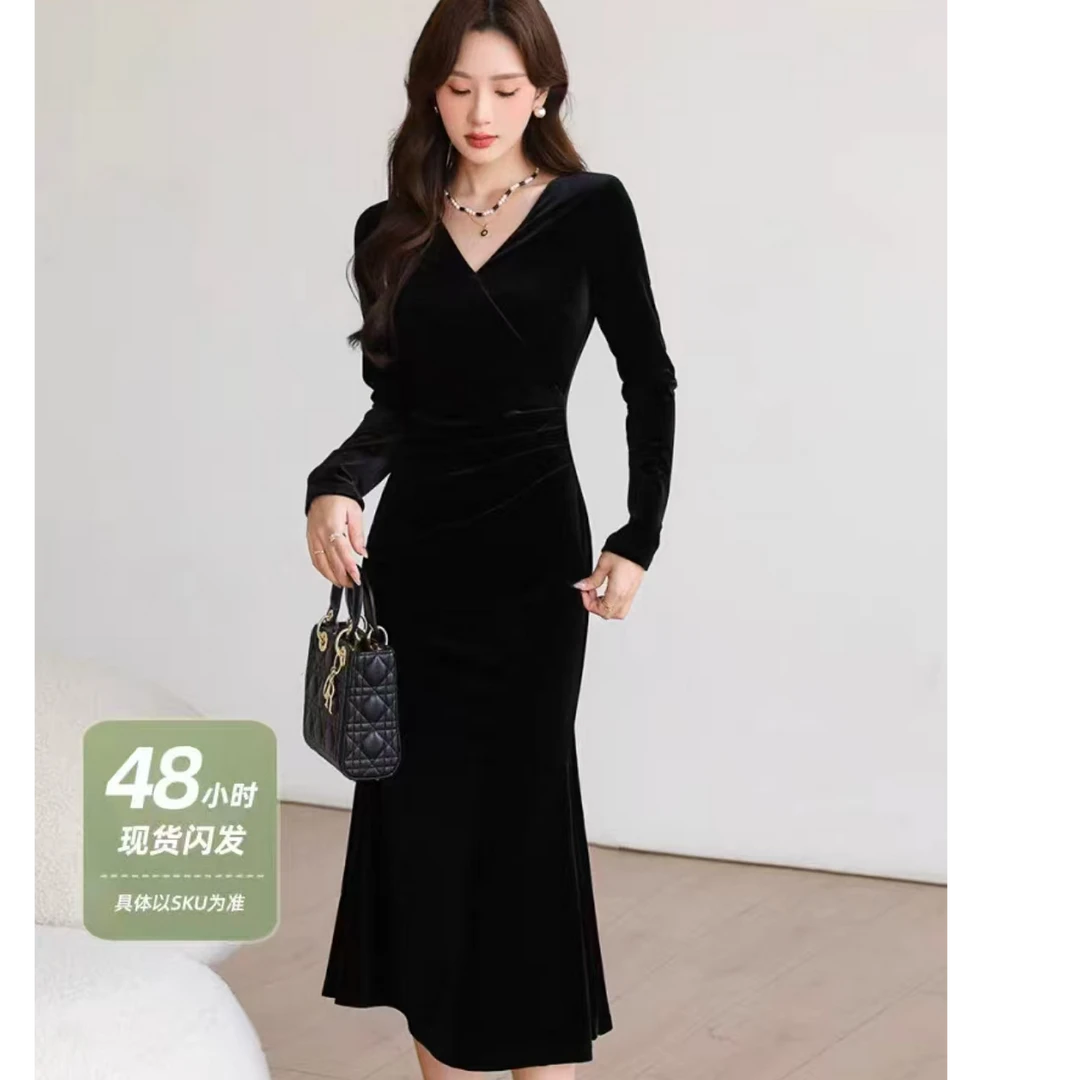 416号丝绒连衣裙均码高弹力黑色裙