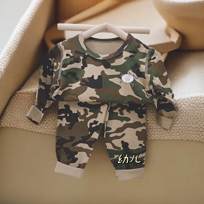 小文熊早春新款纯棉莱卡儿童迷彩家居服秋衣秋裤套装