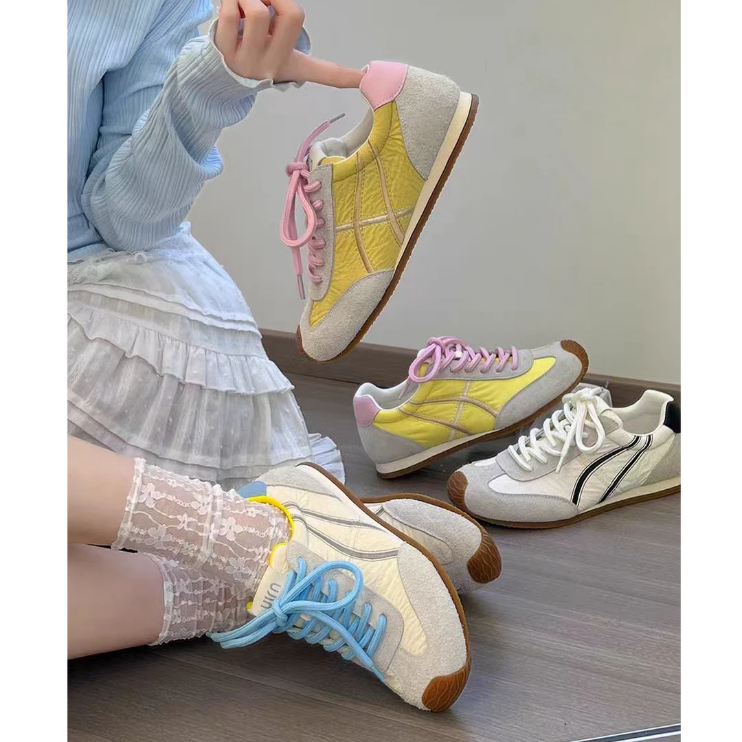 春季新款德训鞋女复古系带休闲百搭拼色平底阿甘鞋女69310