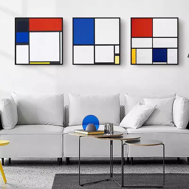 蒙德里安红蓝黄色块构成格子画样板间公寓装饰画几何抽象小众挂画