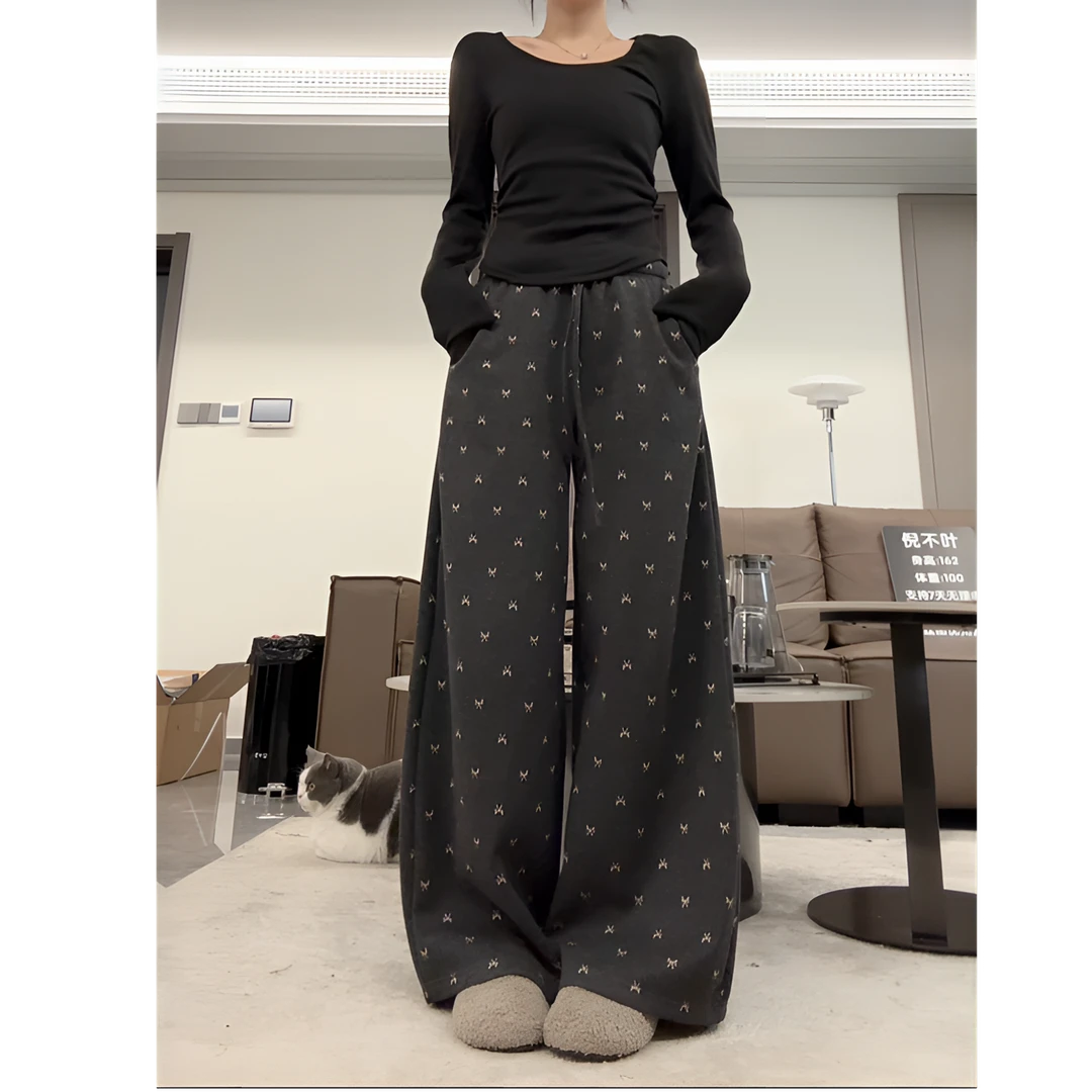 倪不叶【灰色提花加绒加厚阔腿裤】秋冬新款显瘦休闲慵懒松紧腰挺阔