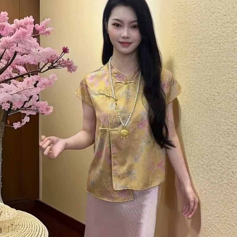 夏季短袖薄款新中式上衣中国风常规款上衣无袖提花唐装民族风气质