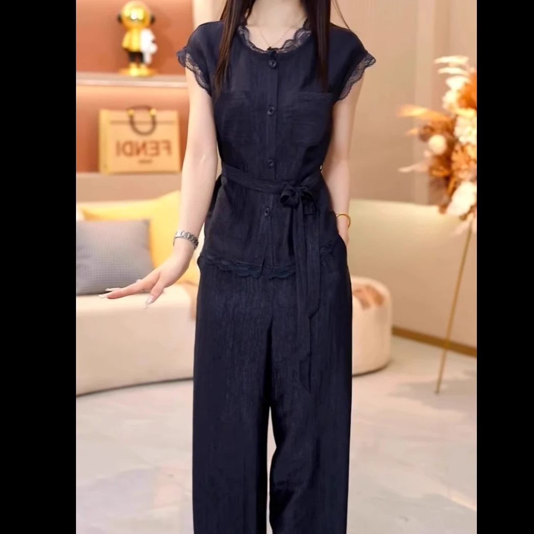 X3008 御姐绝美套装2025夏季新款显瘦蕾丝拼接上衣两件套